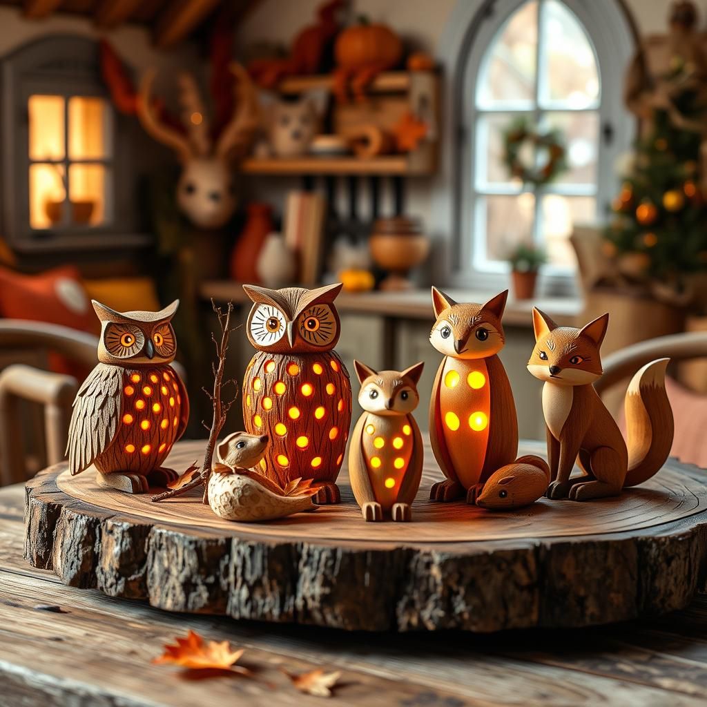 wood carvings of forest animals, arranged on a table, autumn themed house, cozy colors  by @char aznable