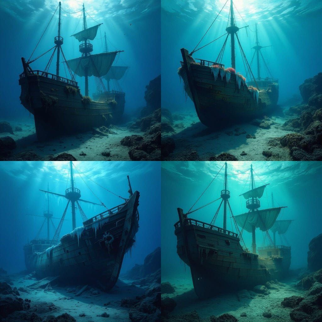 Ancient Sunken Ship with Stalactites in Deep Sea