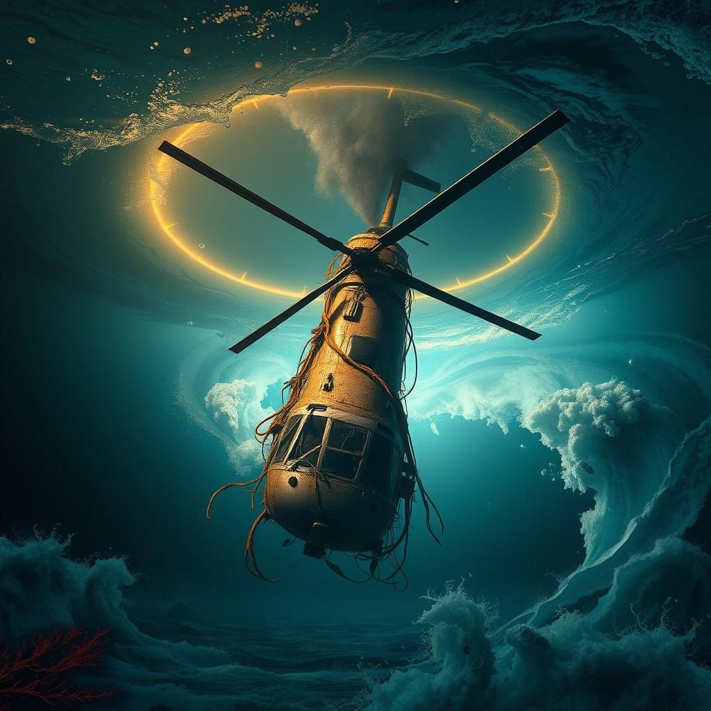 Submerged Helicopter: An Underwater Giant's Prey in Golden H...