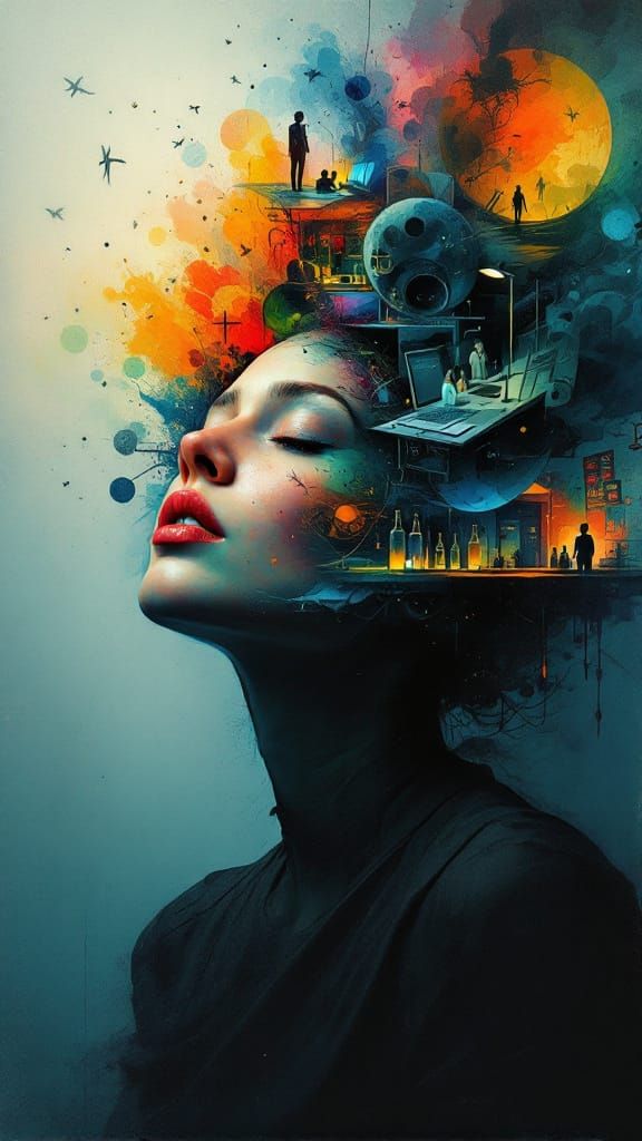 A surreal, painterly portrait of a woman who appears calm and composed in the foreground, but the background reveals her collapsing mental w...