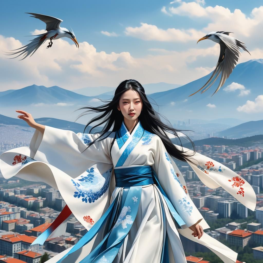 Hyperrealistic Qi Cultivator Over Sofia with Pterodactyls