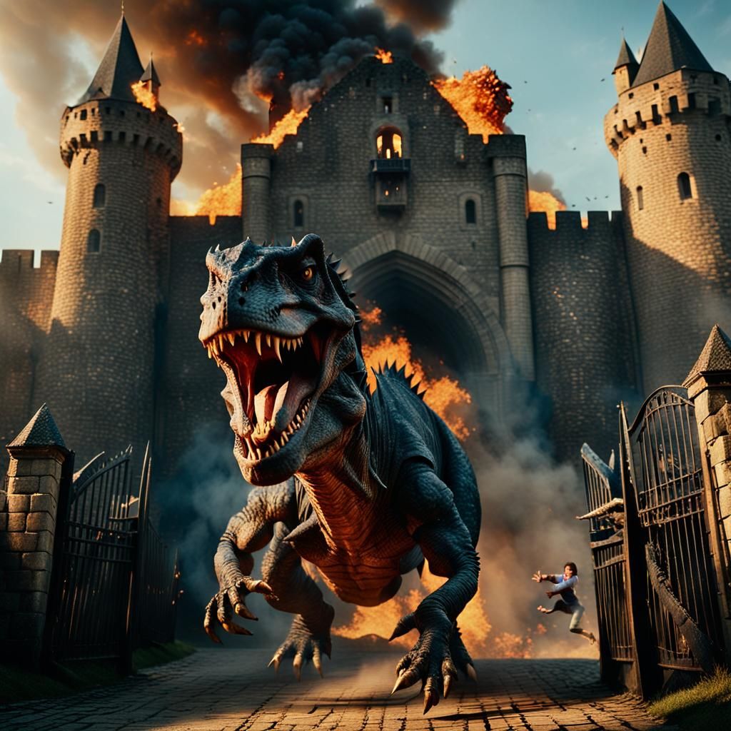 Man Rides Dinosaur from Castle in Cinematic Style