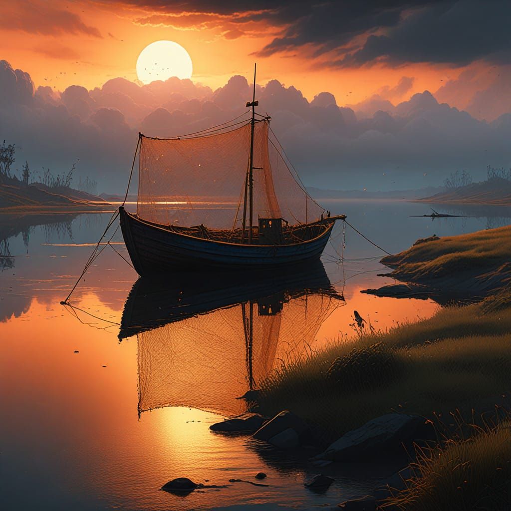 Uma rede de pesca iluminada pelo pôr do sol, com pequenos peixes capturados e o reflexo do mar calmo. ...  by @Jeronimo Leite