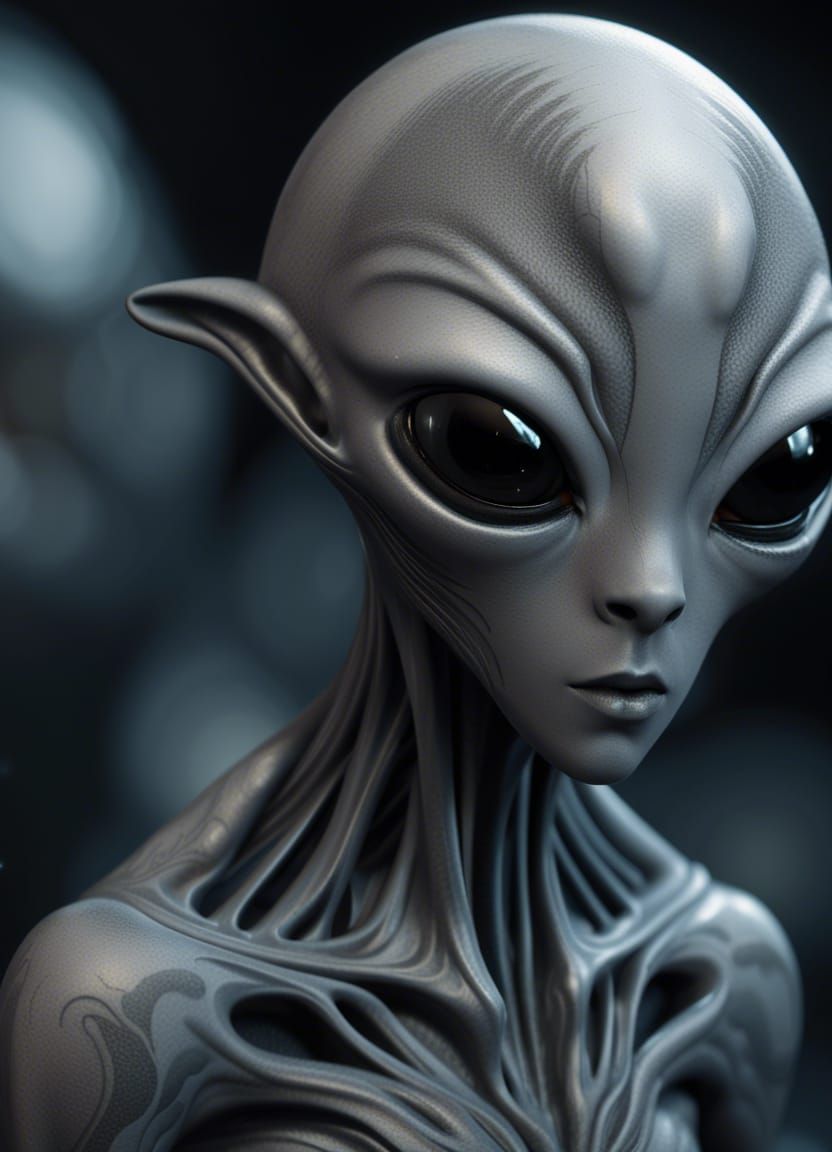 Portrait Amazingly Authentic Grey Alien With Smooth Grey Textured Skin Large Black 