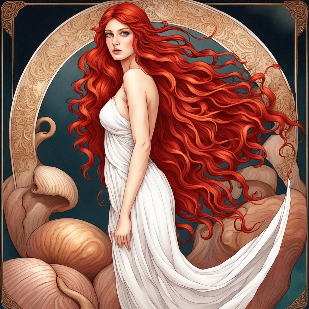 GODDESS APHRODITE, GODDESS APHRODITE RED HAIR, LONG RED HAIR, LONG HAIR,  GODDESS STANDING ON A GIANT SHELL, DRESSED IN A WHITE TUNIC, IMAGEM... - AI  Generated Artwork - NightCafe Creator