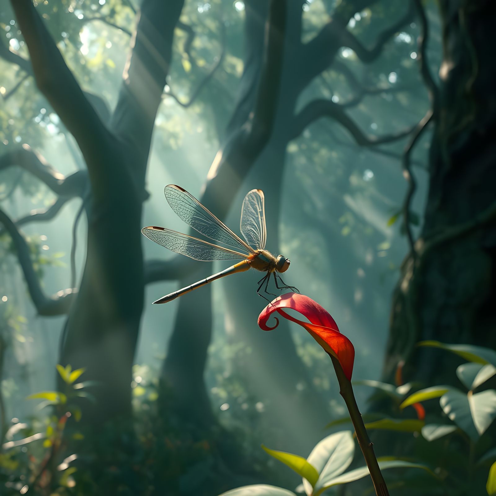 Whimsical Dragonfly Rides Leaf Through Enchanted F... - AI Art