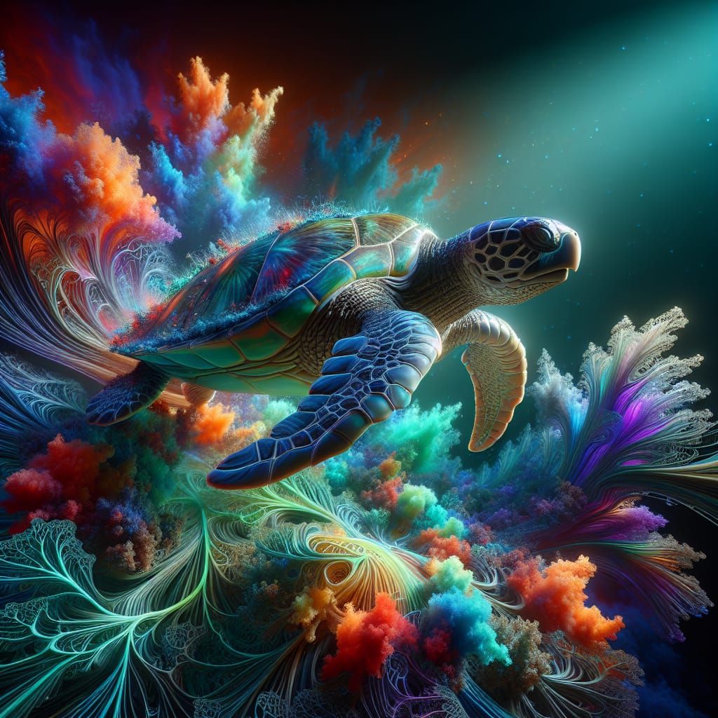 iridescent realistic sea turtle in a filigree reef - AI Generated ...