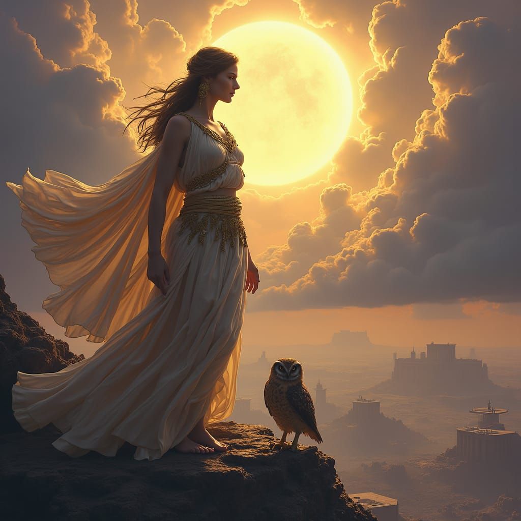 Déesse Athena avec une chouette qui regardent depuis les nua...