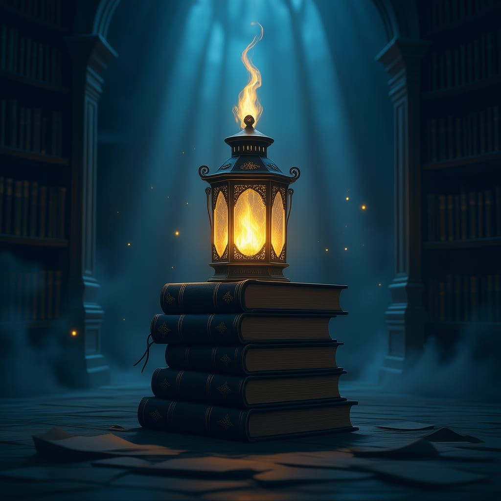 A single, ancient elven lantern, its flame burning with an intense, almost magical light, sits atop a precarious uneven stack of weathered t...