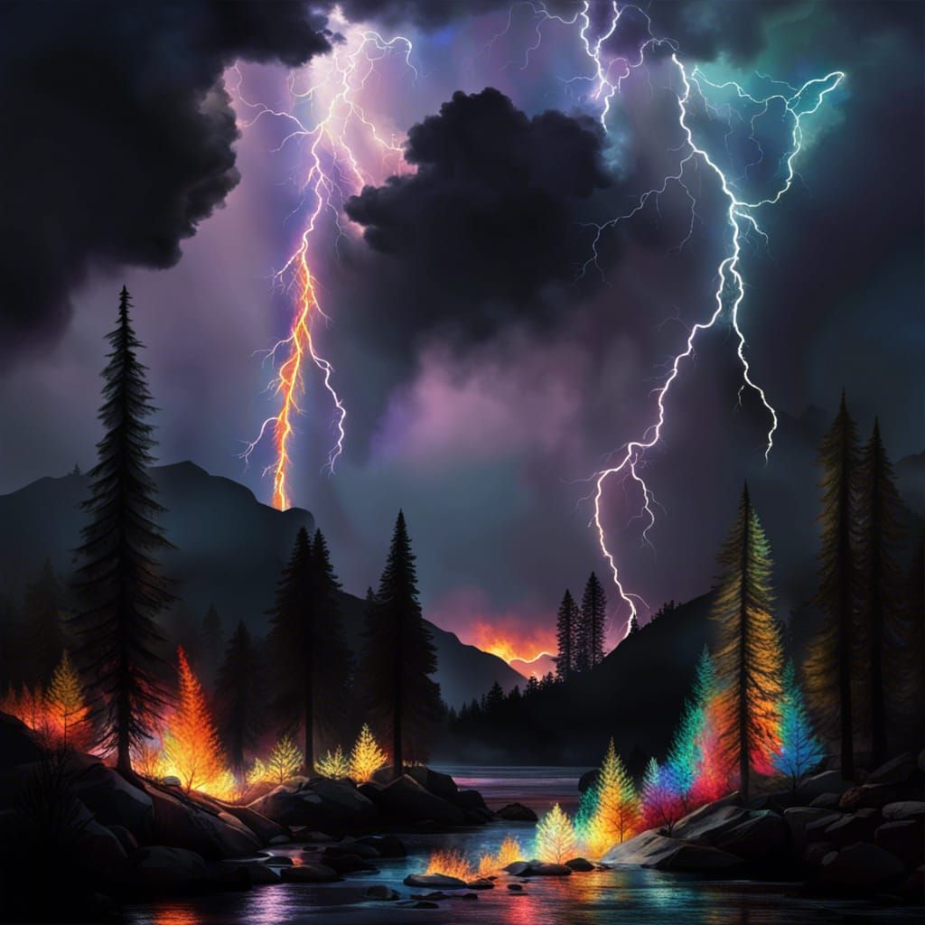 bright jagged multi hued lightening, setting trees on fire  by @The Bard
