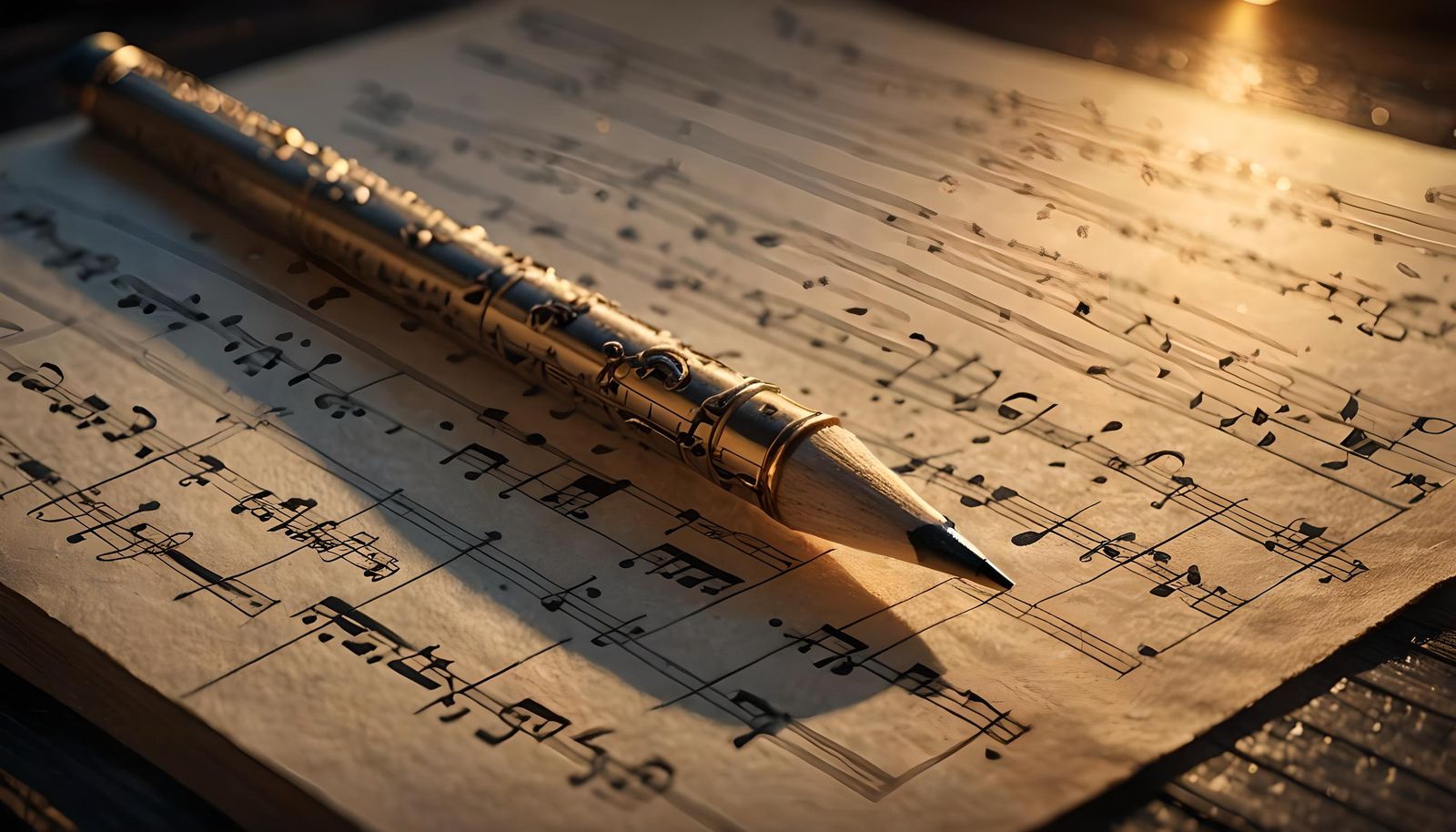 A close-up of a music sheet lying on a dark wooden surface, with a pencil resting on top, softly lit ...  by @Wallpaper