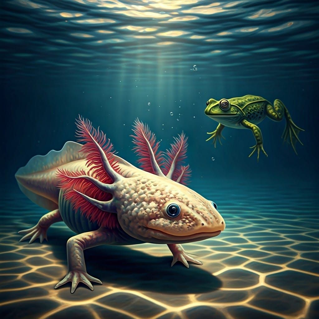 Axolotl and Frog under water