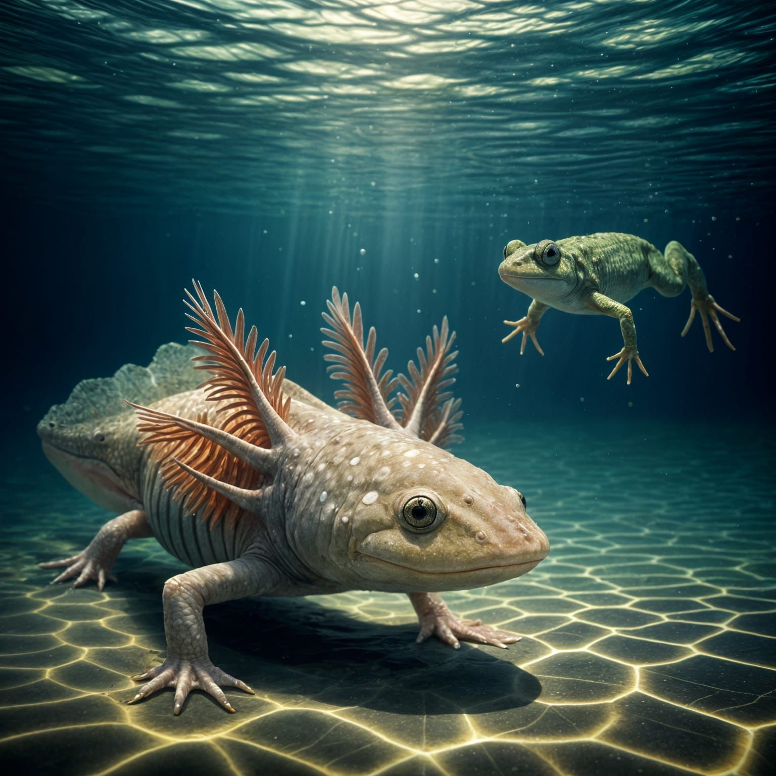 Axolotl and Frog under water  by @lionel