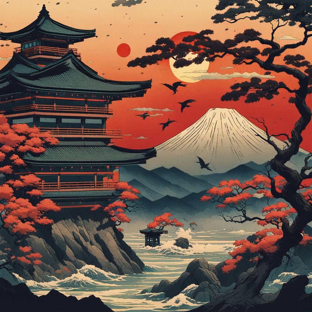 Ukiyo-e Cinematic film still, shot on v-raptor XL, film grain, vignette, color graded, post-processed, ...  by @nellochka