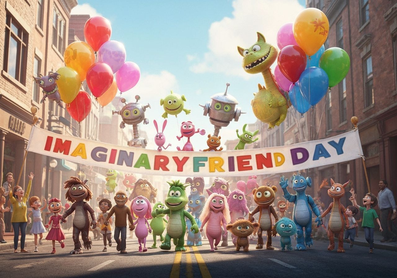 A street parade with imaginary friends of all shapes, sizes, and colors. There is a banner that says ...  by @Drake