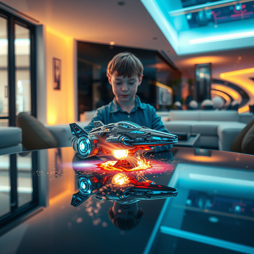 child playing with toy spaceship a beam from the spaceship melts a table, futuristic house, dynamic lighting, ...  by @Ed Evans