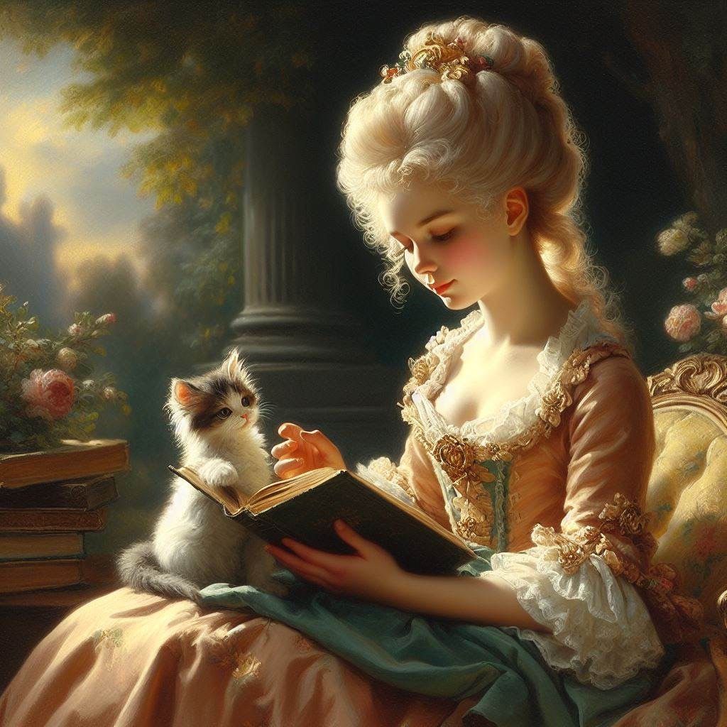 Rococo Era Girl Reading, with Her Cat