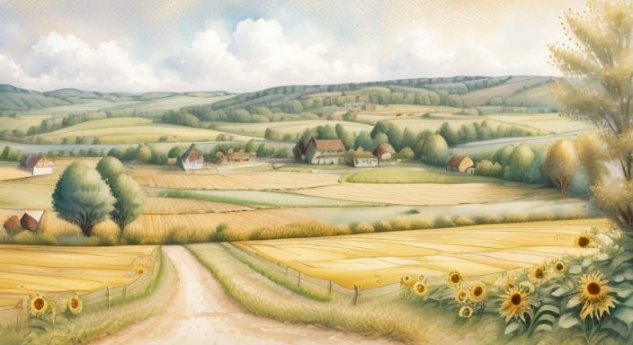 Watercolor Village Landscape in Golden Light