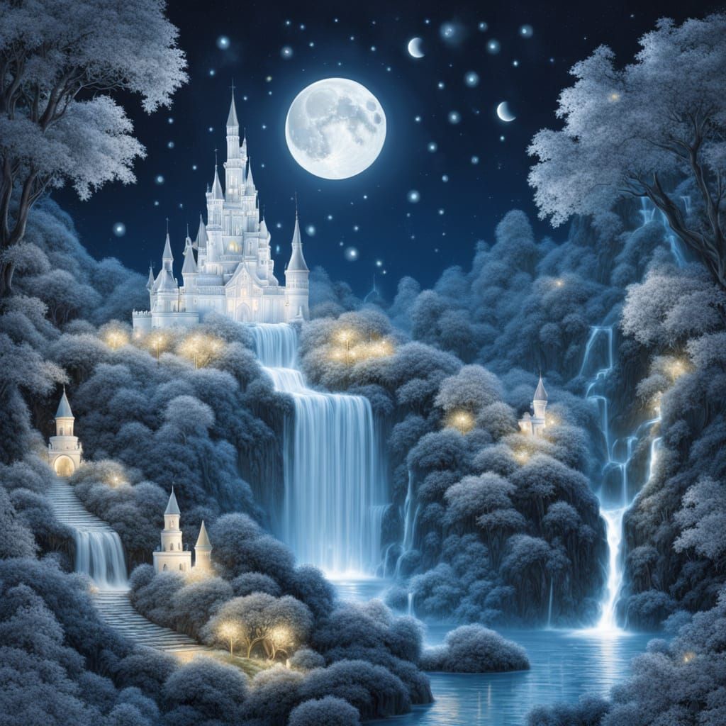 Oversized moon, cascading waterfall, utopian dreamscape, fireflies,night scene, extremely intricate white castles, white and bluish hues
