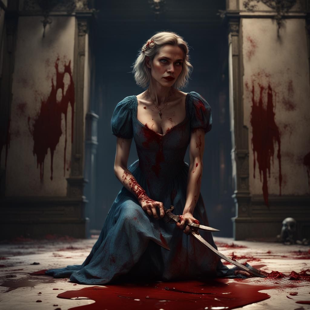Woman in dress with bloody knife in her hand  by @Tiffa_Knee