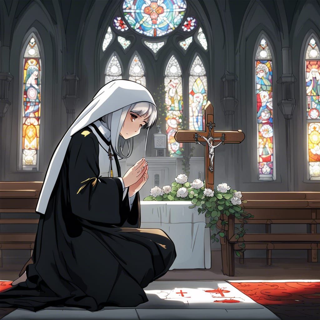 Beautiful nun wearing her black and white Habit, kneeling be...