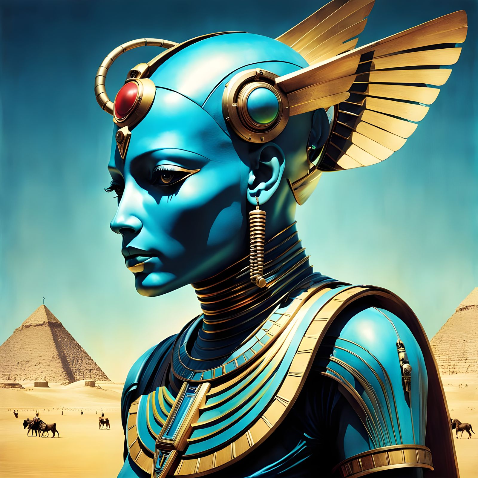 Vibrant Cybernetic Sphinx in Surreal Egyptian Landscape