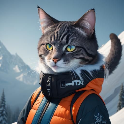 Cat Snowboarding in Vibrant Winter Landscape