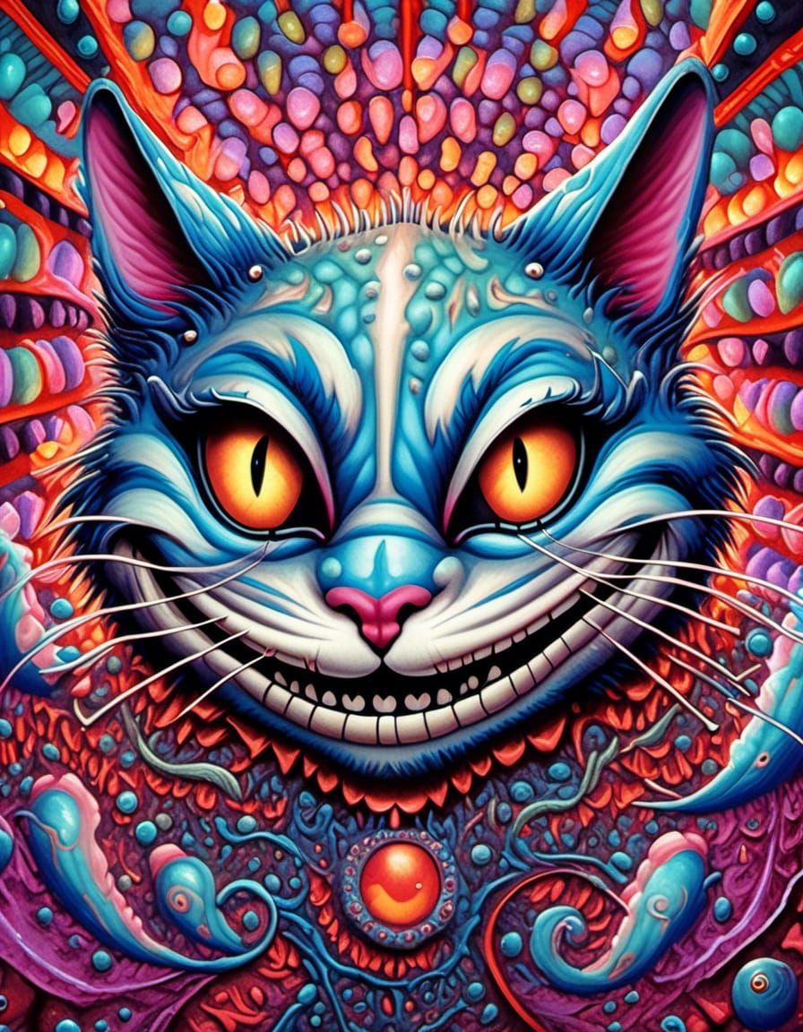 bionic Psychedelic rave demented smiling Cheshire Cat, with glowing ...