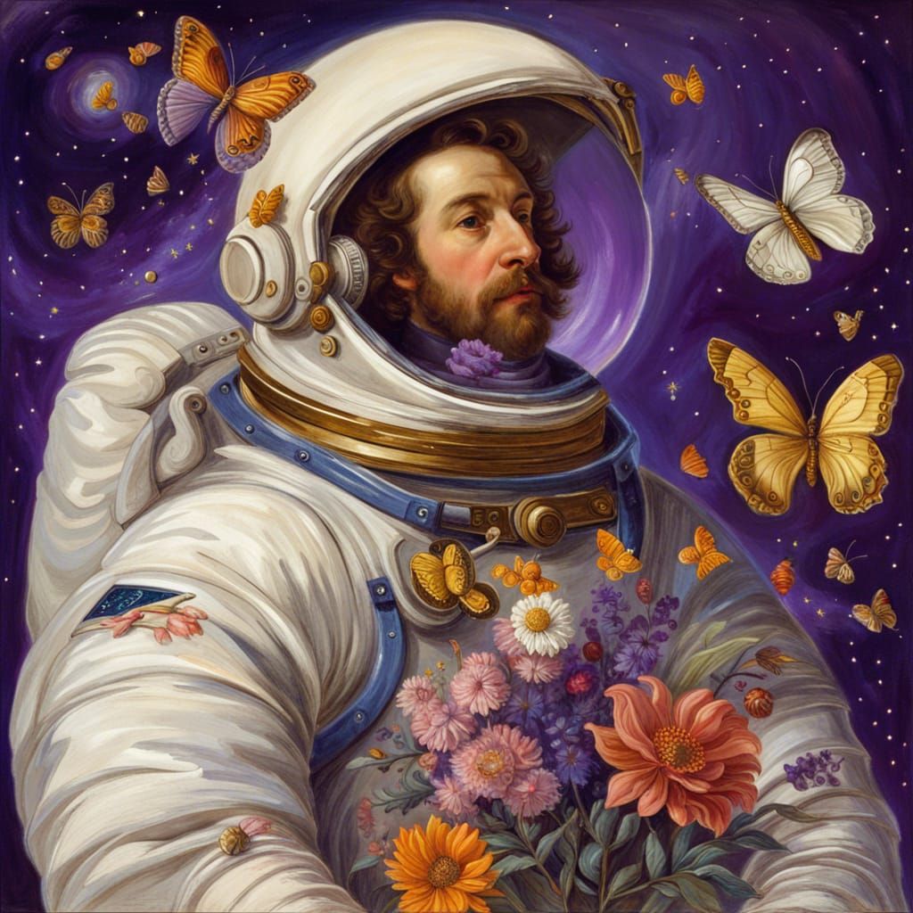 Renaissance Astronaut with Flowers & Butterflies XIV