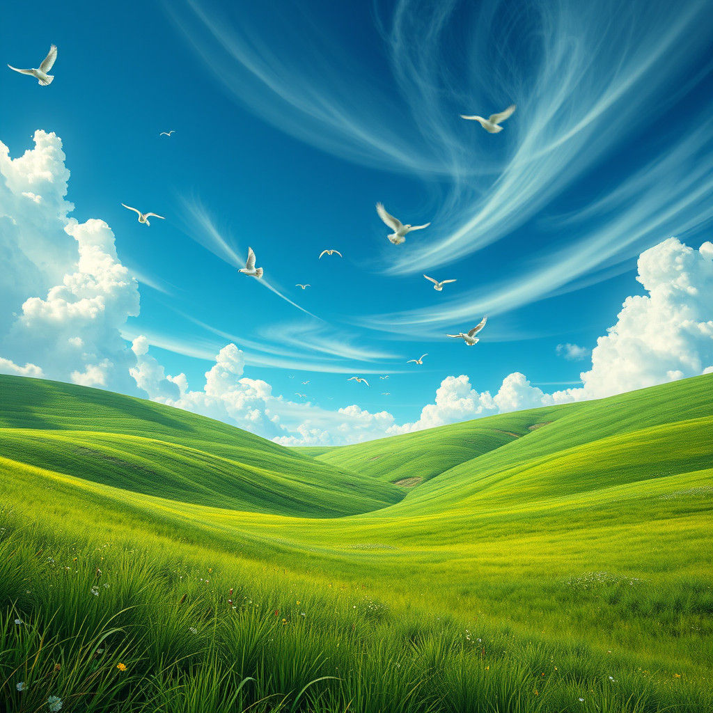 Lush Emerald Meadow with Birds in Flight
