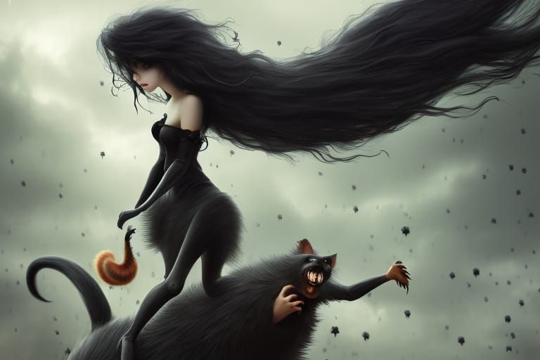 Girl toddler riding giant squirrel