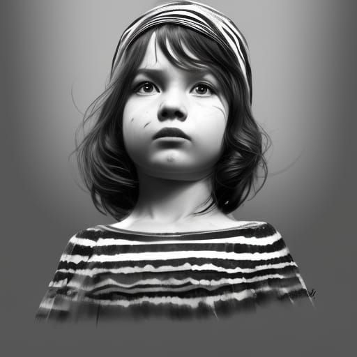 A toddler wearing a black and white striped dress