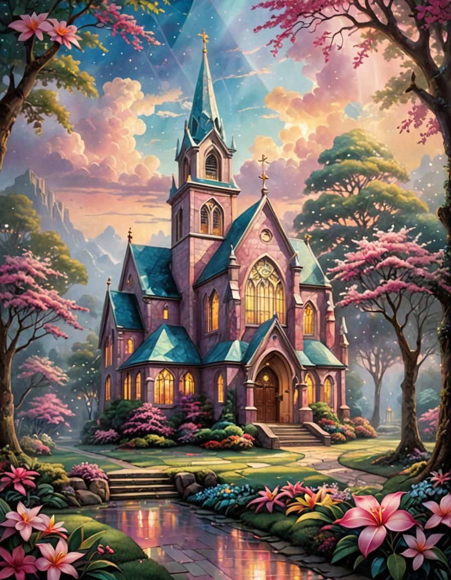 stain glass church small vibrant pink, frangipani flower eth...