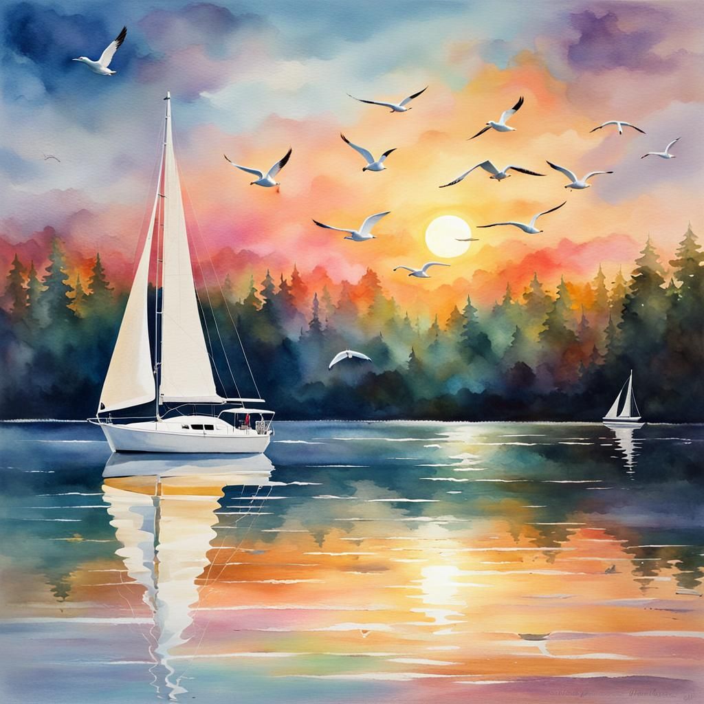 (a white sailboat on a calm shimmering calm lake at sunset:1...