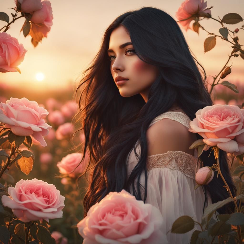 Beautiful girl with long black hair in field of rose flower