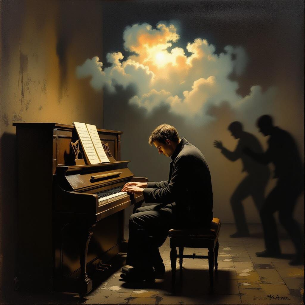 Man Contemplating Memories at a Lonely Piano