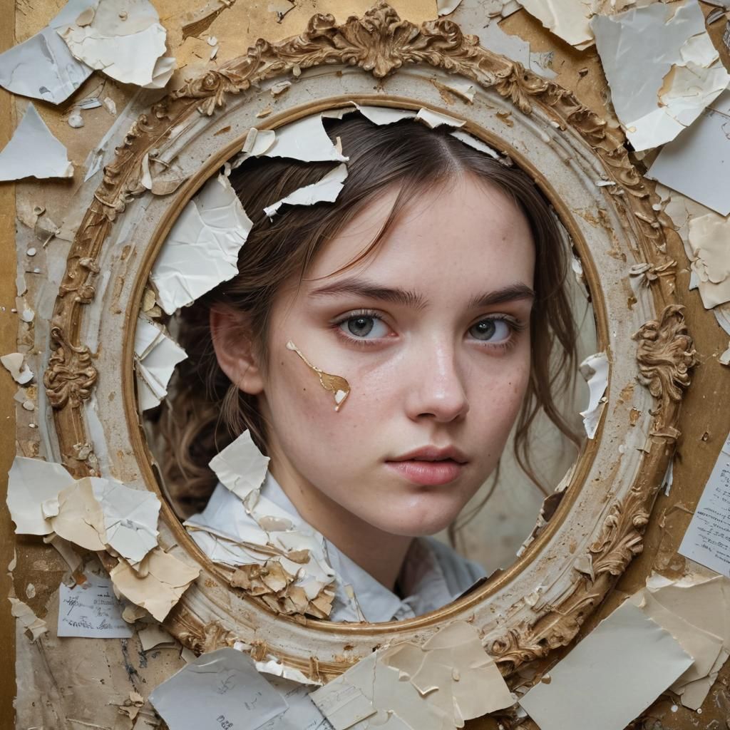Mixed media portrait. close up. Pretty girl surrounded by crumbling porcelain and schoolwork papers, with negative space. cinematic film sti...