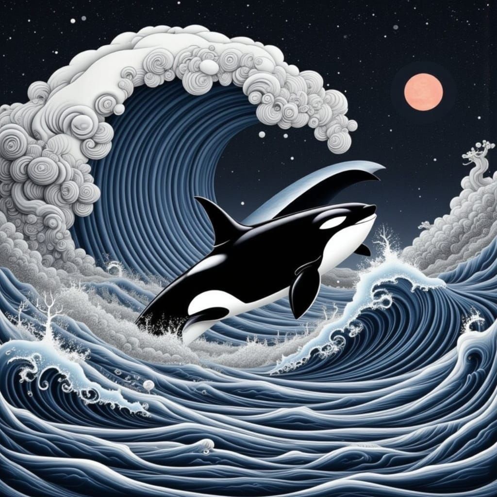 <lora:CINNAMON SWIRLS:1.0> Orca on a tidal wave in outer space 