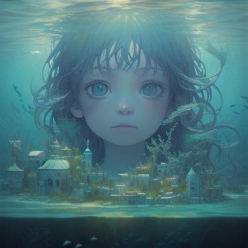 Storybook illustration of an underwater city inhabited by me...