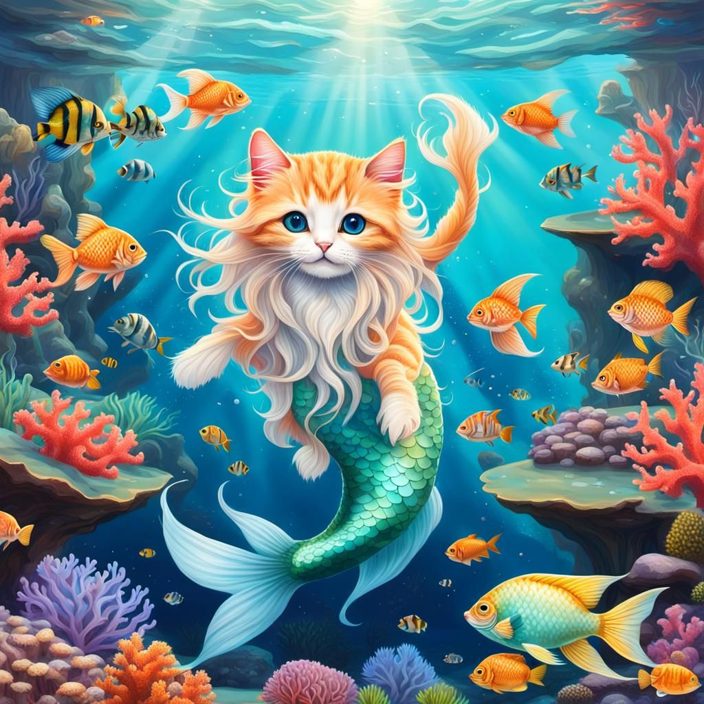 A serene mermaid kitten floating in a tranquil lagoon, surrounded by ...