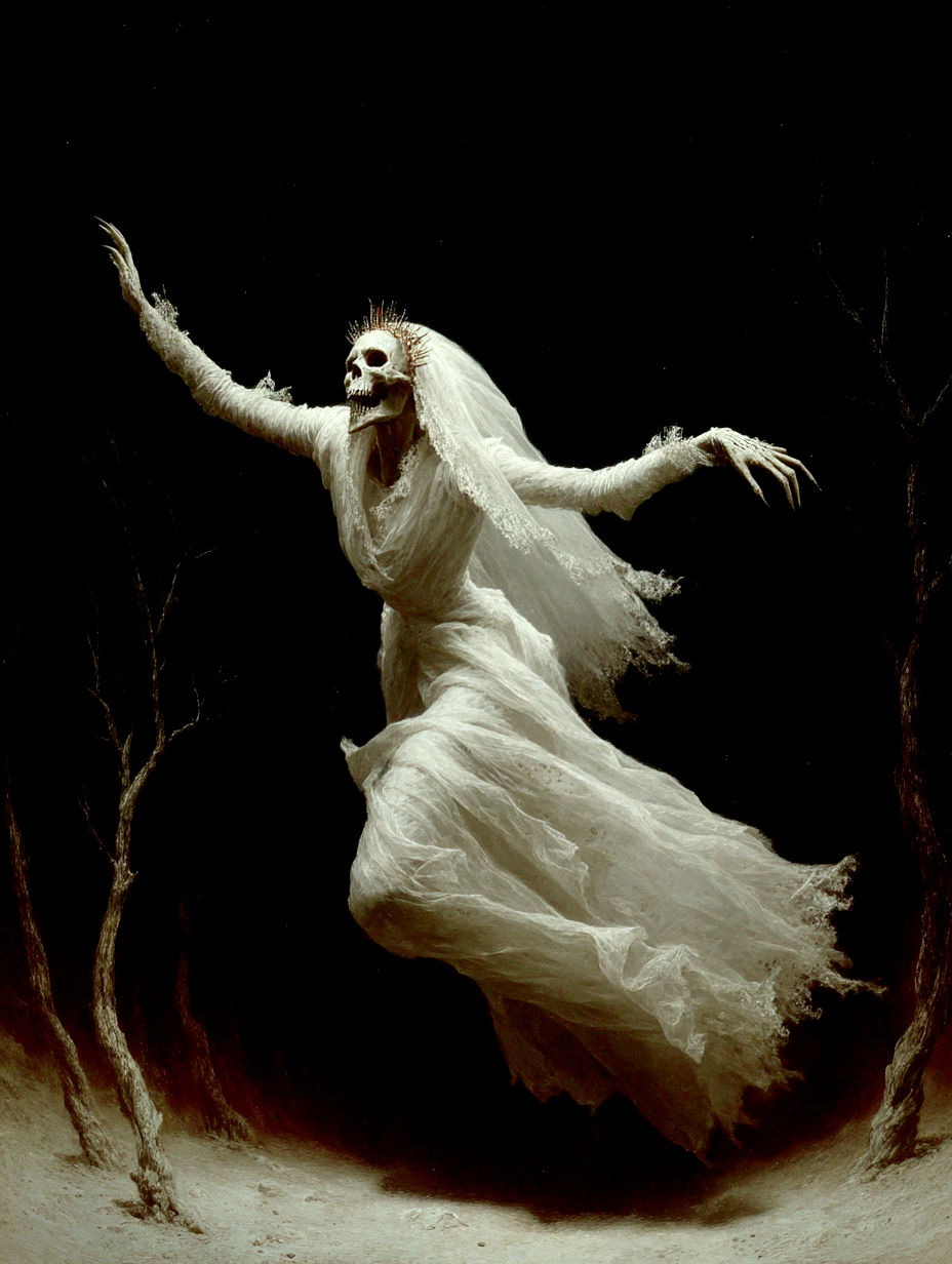 “She danced through death in a gown of whispers, her vows stitched in silence, her crown forged from bones of memory.