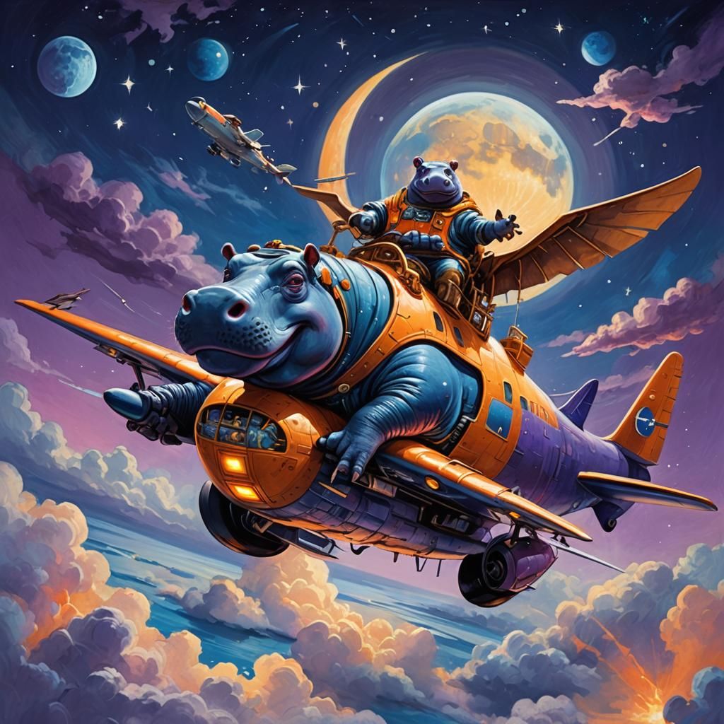 Hippo Rides Airplane on Blue Moon: Fantasy Oil Painting