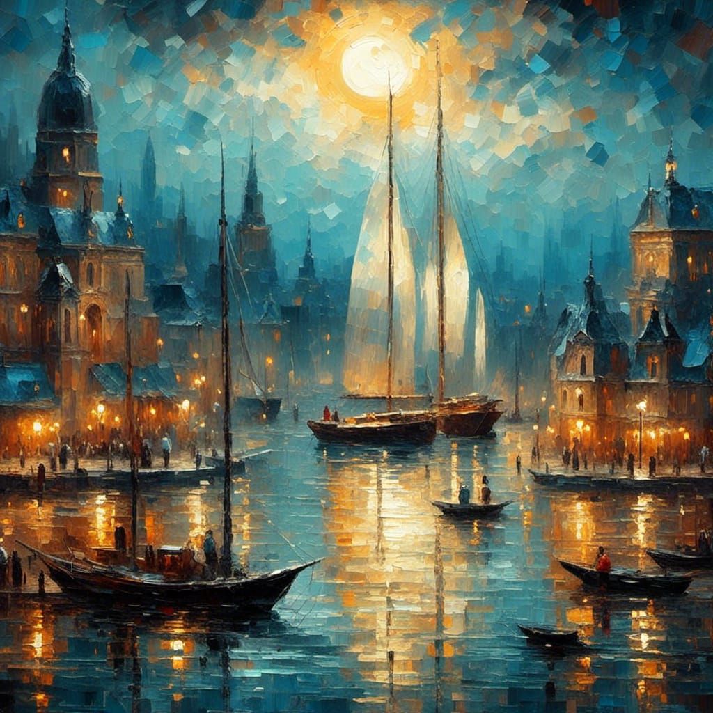  <lora:Intricate Oils:1.0> a sailboat at dusk in the bay full moon deep vision city skyline high gloss shine in oil painting style 
