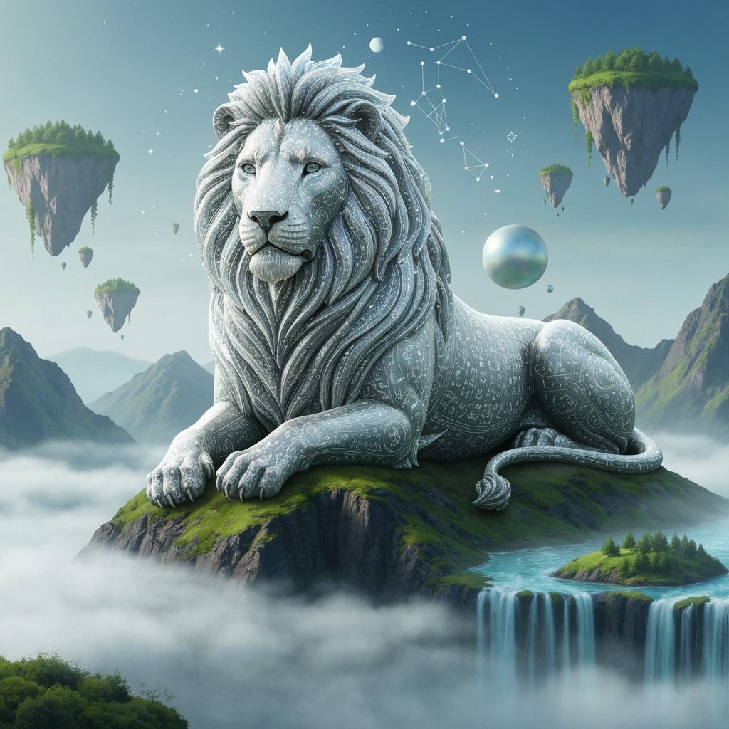 A colossal, hyperrealistic sculpture of a lion crafted from shimmering, iridescent glass, resting serenely on a misty mountaintop. The sculp...