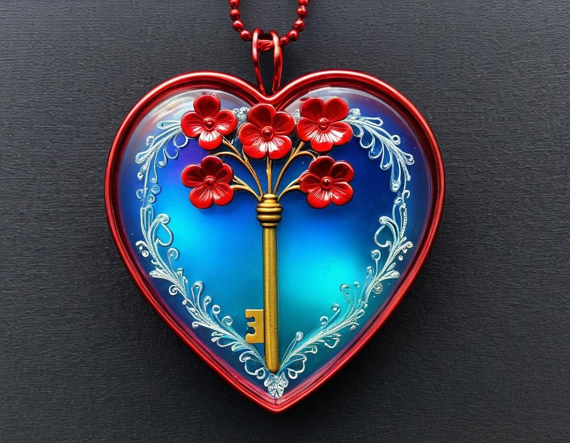 Intricate Red Key with Floral Design and Glass Heart