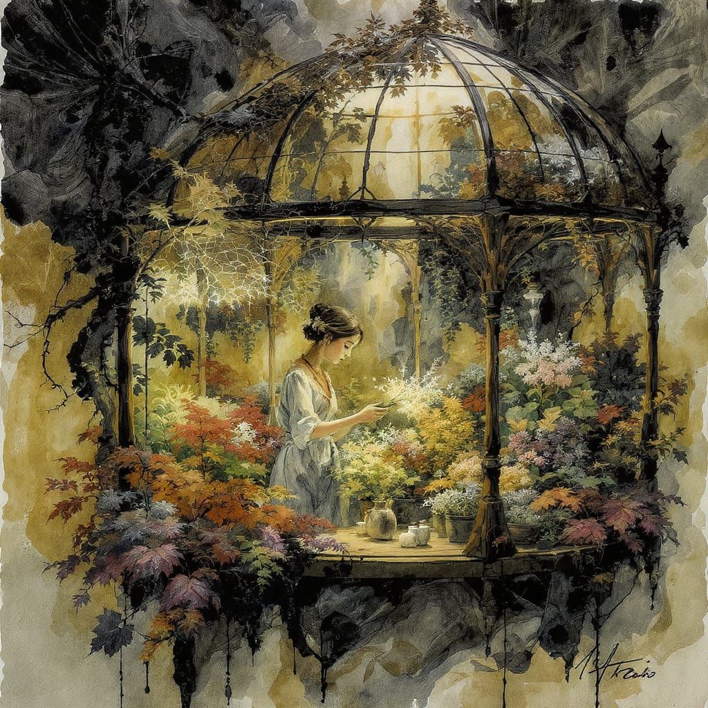   A domed greenhouse used as an apothecary by a young woman.  Three ...  by @MP318