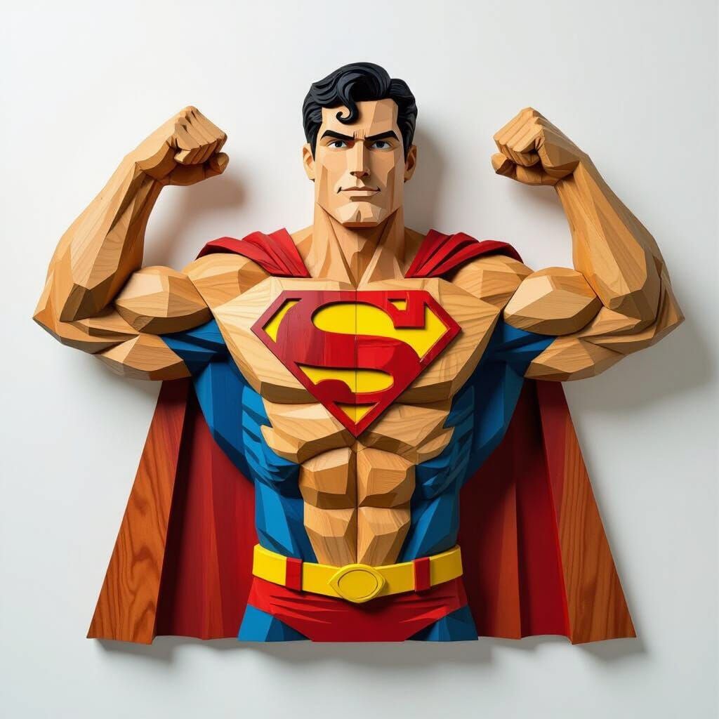 Wooden Superman Sculpture in Modern Artistic Style