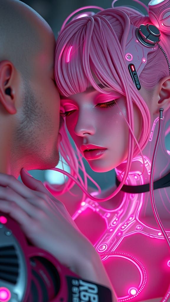Cybernetic Goddess Embracing Serene Love in Sci-Fi Harmony
