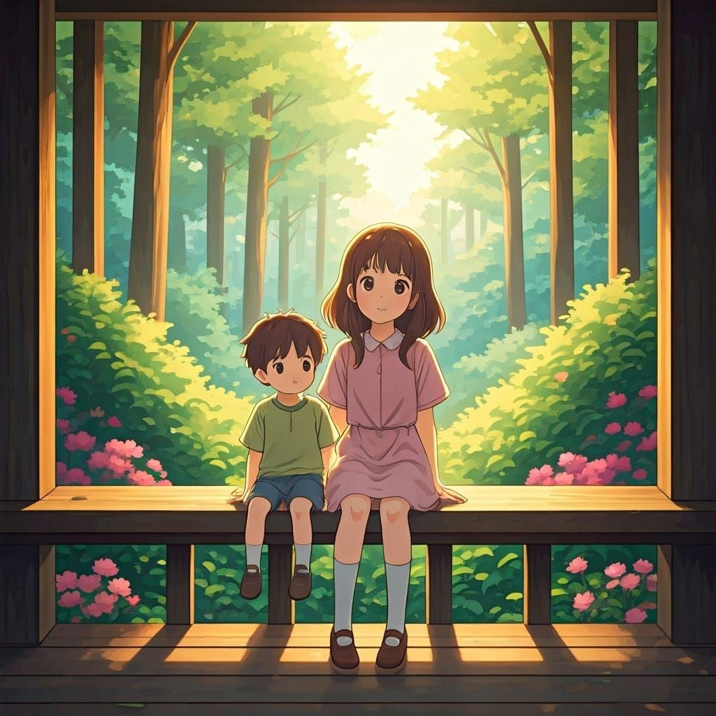 Girl and Brother Overlook Forest in Anime Style