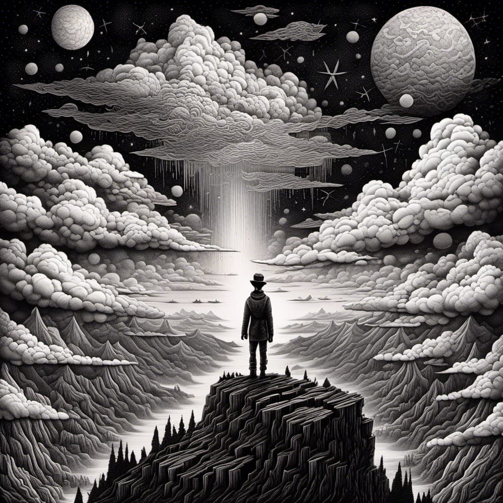 hand drawn :: stippling :: double exposure :: black and white scratchboard drawing :: wanderer above the sea of fog :: stippling :: breathta...